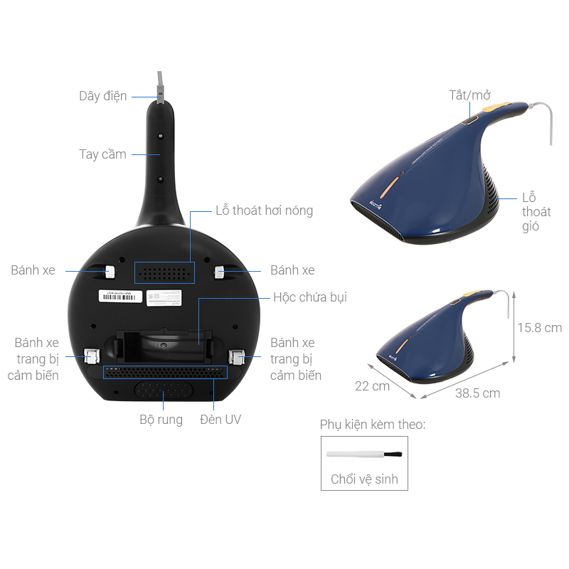 Máy hút bụi nệm giường Diệt khuẩn Tia UV và Khí nóng, Lực hút 13000Pa - 450Wats Deerma CM818