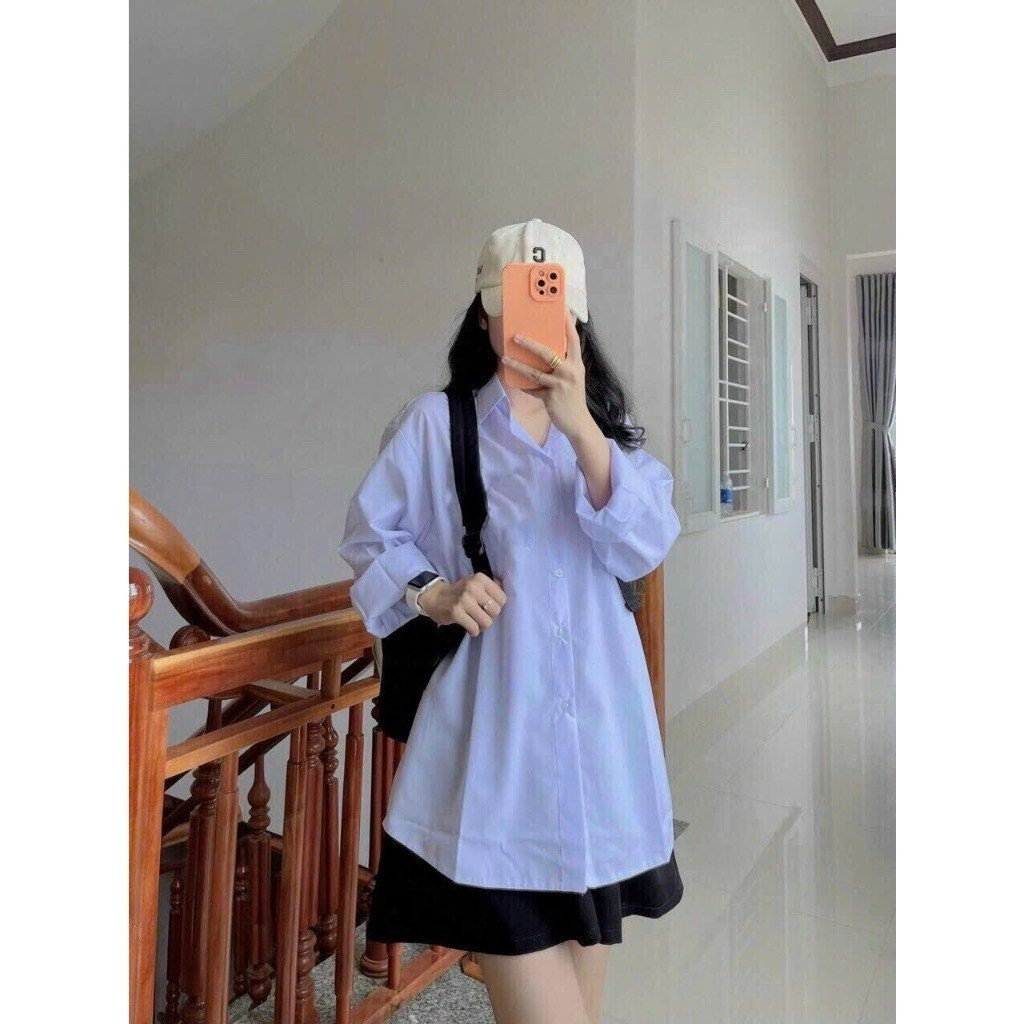 Áo sơ mi form rộng dài tay túi ngực cổ bẻ xanh, trắng cho học sinh - 247stotre.vn - Somitrondaitay35_P3K5