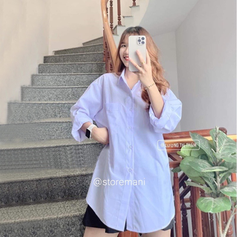 Áo sơ mi form rộng dài tay túi ngực cổ bẻ xanh, trắng cho học sinh - 247stotre.vn - Somitrondaitay35_P3K5