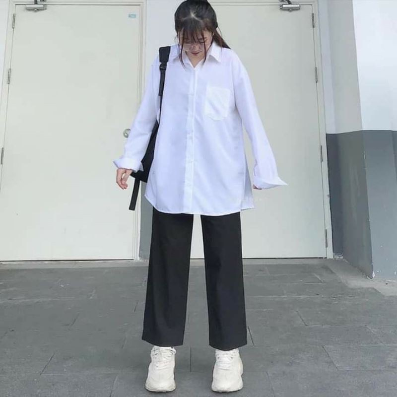 Áo sơ mi form rộng dài tay túi ngực cổ bẻ xanh, trắng cho học sinh - 247stotre.vn - Somitrondaitay35_P3K5