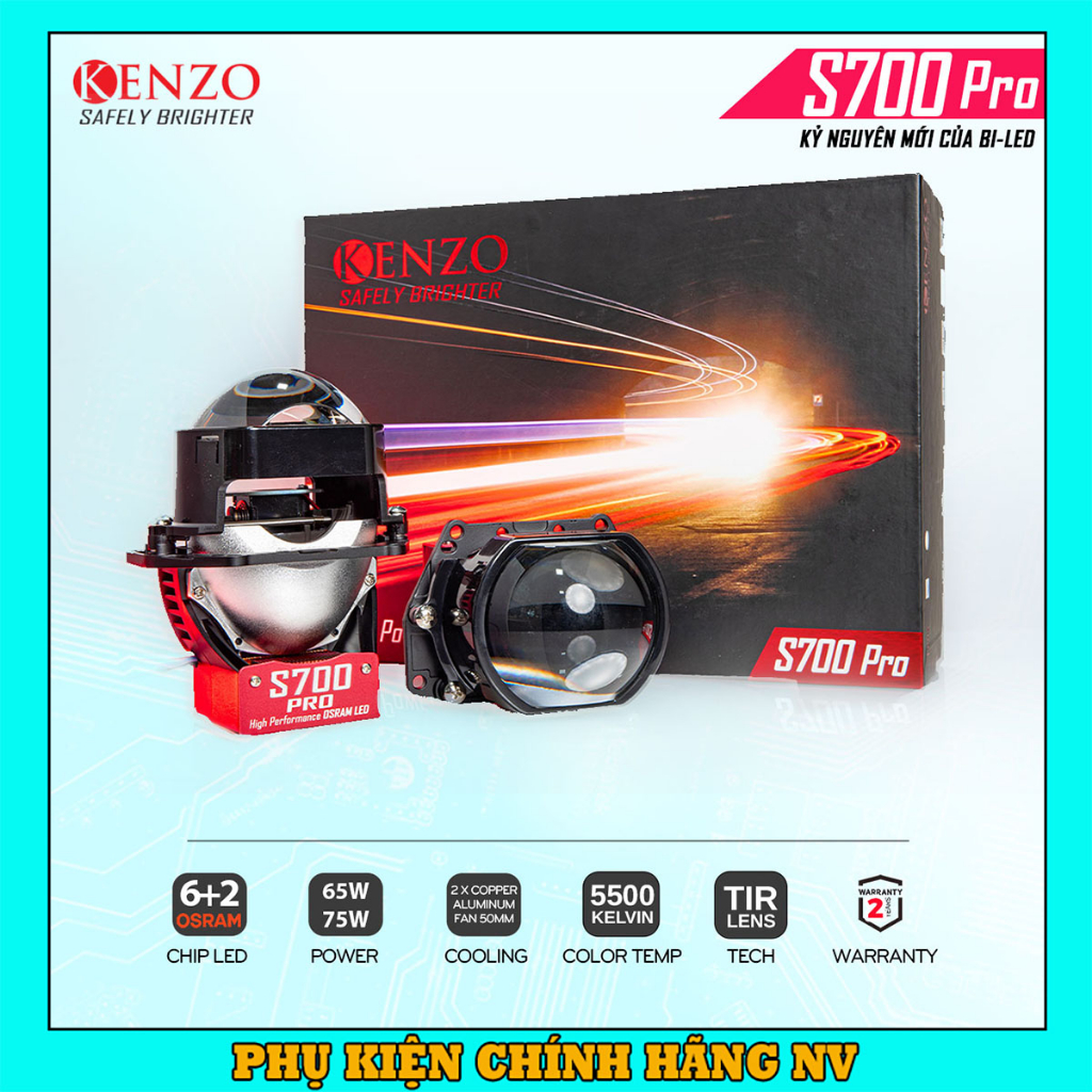 Đèn pha bi led hiệu suất cao Kenzo S700 Pro 75W, pha cầu led xe ô tô và xe máy hệ thống tản nhiệt 3 lớp