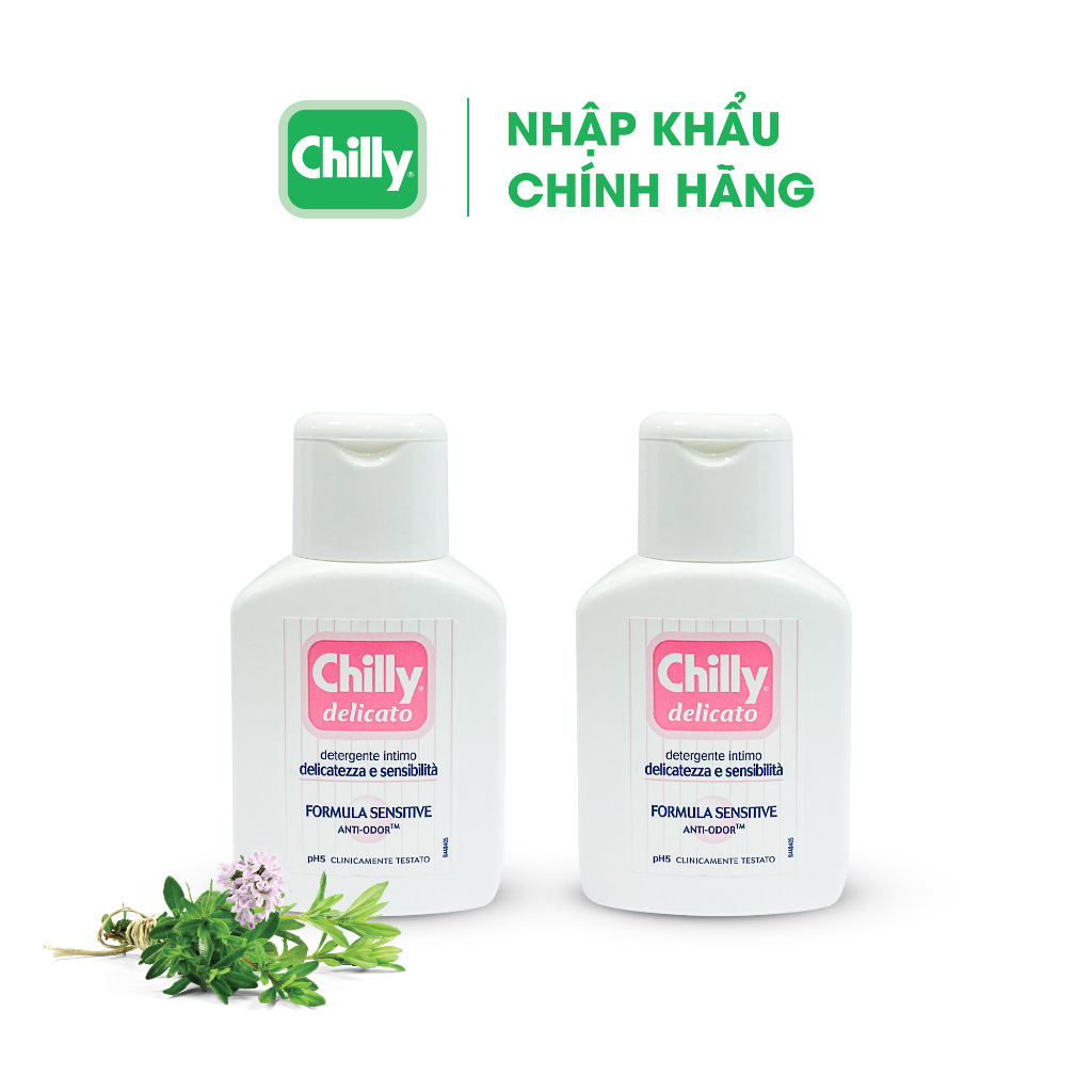 Combo du lịch Chilly Delicato Dung dịch vệ sinh phụ nữ 50ml + Khăn lau phụ khoa gói 12 tờ dưỡng mềm mại sạch dịu êm