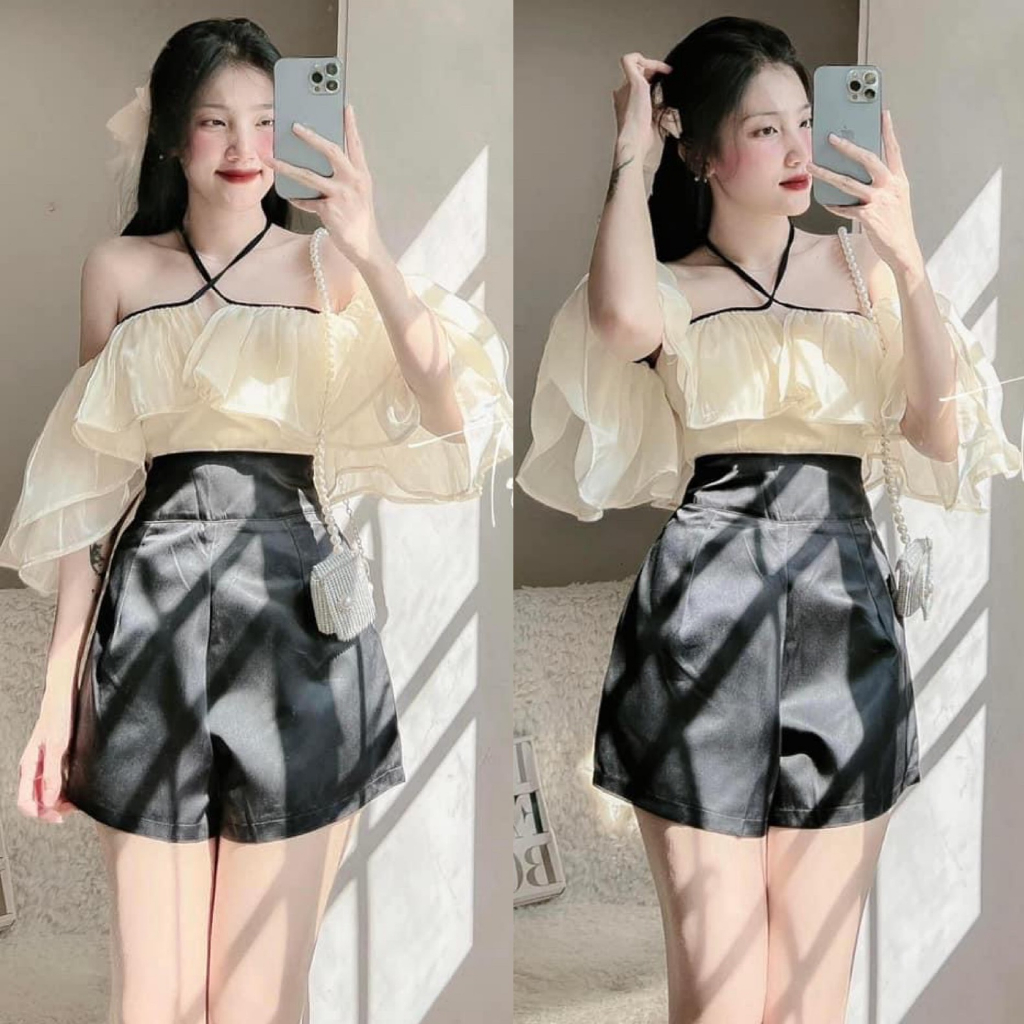Set bộ đồ nữ áo trễ vai voan tơ bèo đan dây với tone màu nude sáng da, xinh xắn dành cho các nàng diện đi chơi, hẹn hò