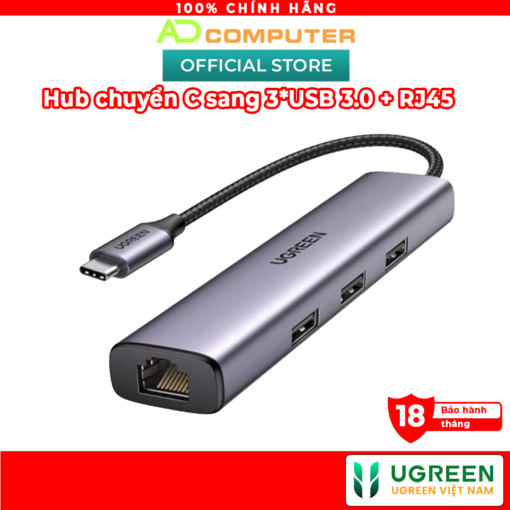 Hub chia USB Type-C to 3 cổng USB 3.0 Type-A kèm Lan Gigabit, vỏ nhôm chính hãng Ugreen 60600 - Hàng phân phối chín