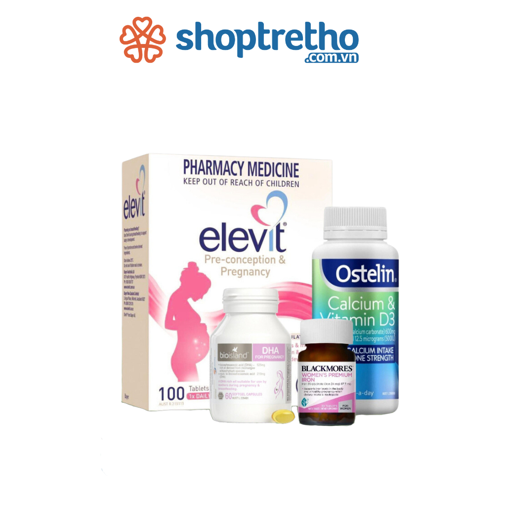 Combo bầu Úc, bộ tứ vitamin Elevit bầu, Canxi Ostelin bầu, DHA bioisland bầu, Sắt bầu