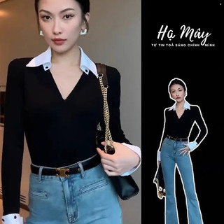 Áo thun nữ tay dài lai trắng, áo len tăm cao cấp cổ tim ôm body co giãn tốt