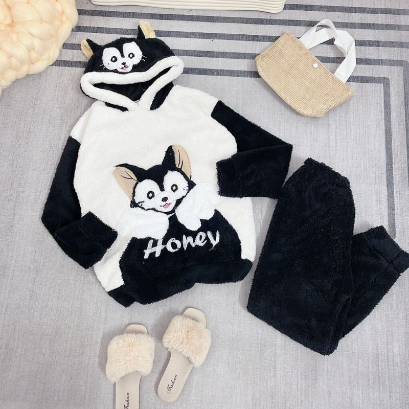 Bộ ngủ lông mèo đen trắng honey kute hoạ tiết ngộ nghĩnh đáng yêu hàn quốc, Đồ bộ ngủ mùa đông ấm áp mềm mịn - LAMA