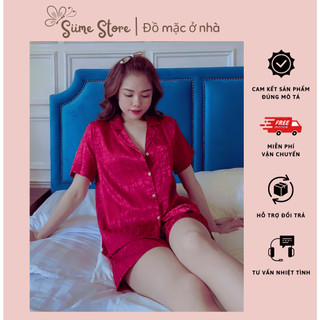 Bộ đồ ngủ pijama nữ mặc nhà lụa gấm xước ánh kim, tay cộc quần đùi