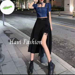 Chân váy dài ulzzang Haviss dáng chữ a xẻ cạnh thắt nơ có kèm đai phong cách trẻ trung năng động thêm phần quyến rũ