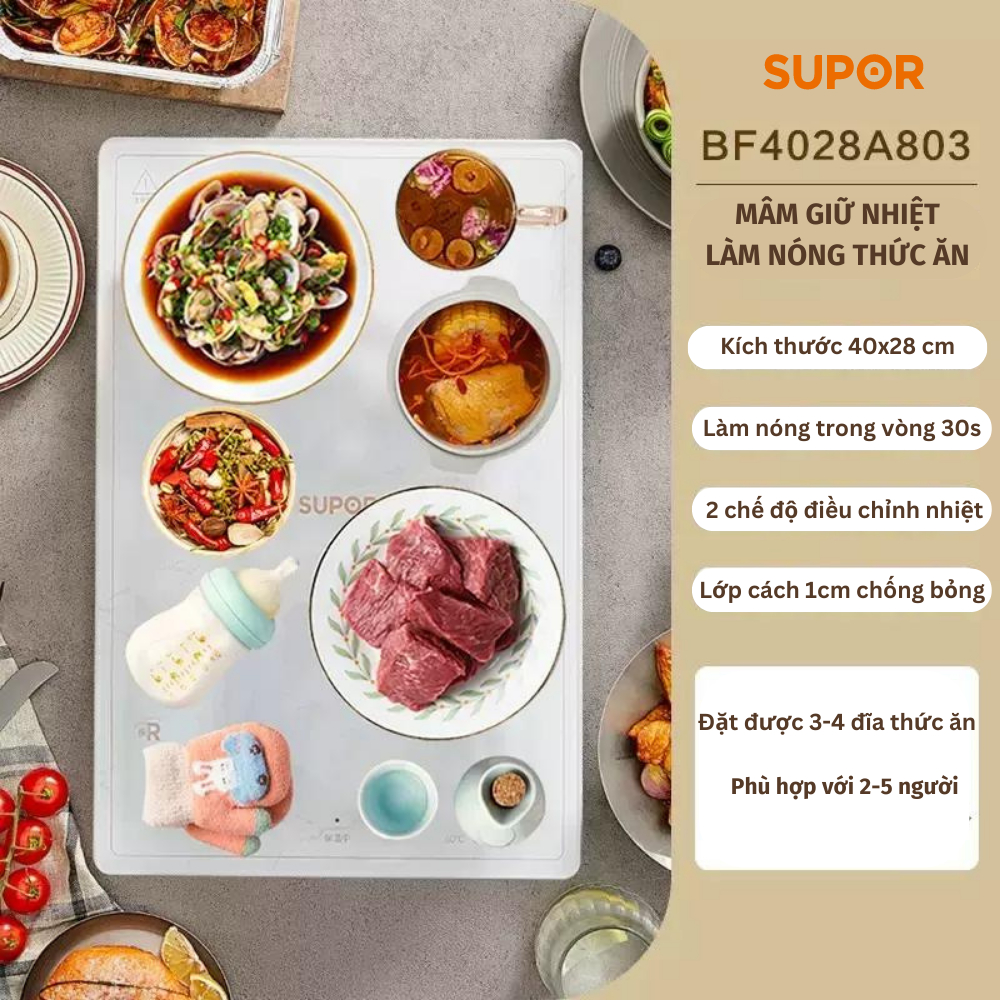 Mâm làm nóng thức ăn mẫu mới nhất 2023 SUPOR - BF4028A803, kèm rã đông, khử ẩm,... làm nóng trong 30 giây