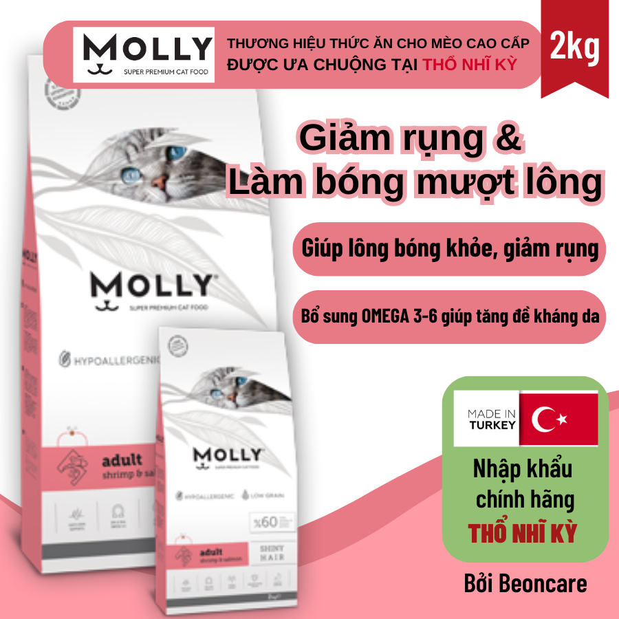 Thức ăn hạt cho mèo Molly 2kg Giúp Lông Bóng Khỏe, giảm rụng lông vị Tôm và cá hồi đến từ Thổ Nhĩ Kỳ (màu hồng)