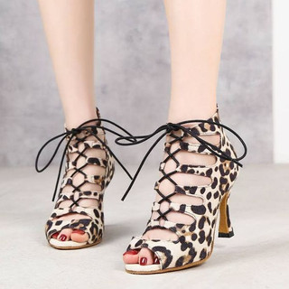 Giày boots khiêu vũ latin cột dây phối da beo cao cấp-đế da mềm