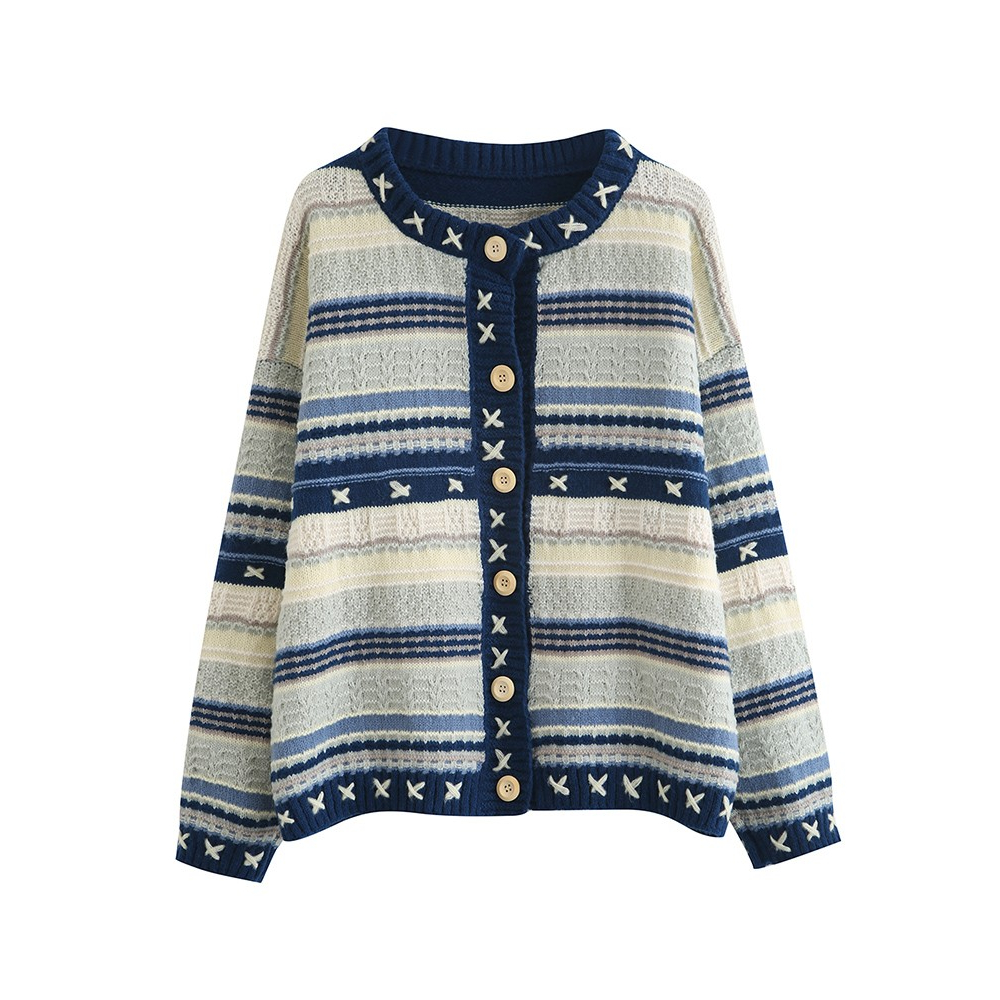 Áo khoác len nữ dài tay cổ tròn phối màu vintage, áo khoát len cardigan nữ phong cách hàn quốc 6434