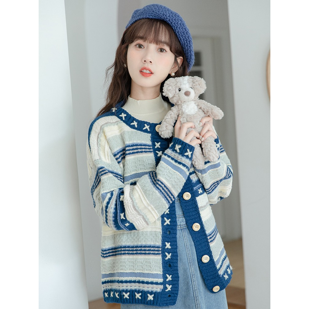 Áo khoác len nữ dài tay cổ tròn phối màu vintage, áo khoát len cardigan nữ phong cách hàn quốc 6434