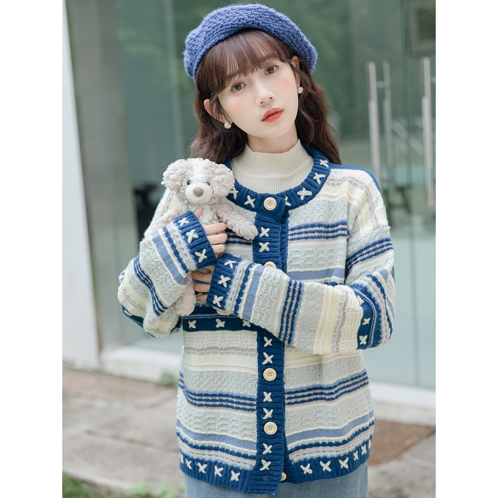 Áo khoác len nữ dài tay cổ tròn phối màu vintage, áo khoát len cardigan nữ phong cách hàn quốc 6434