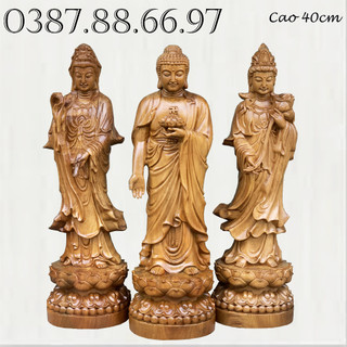 Bộ tượng phật tam thánh cao 40cm chất liệu gỗ bách xanh nguyên khối