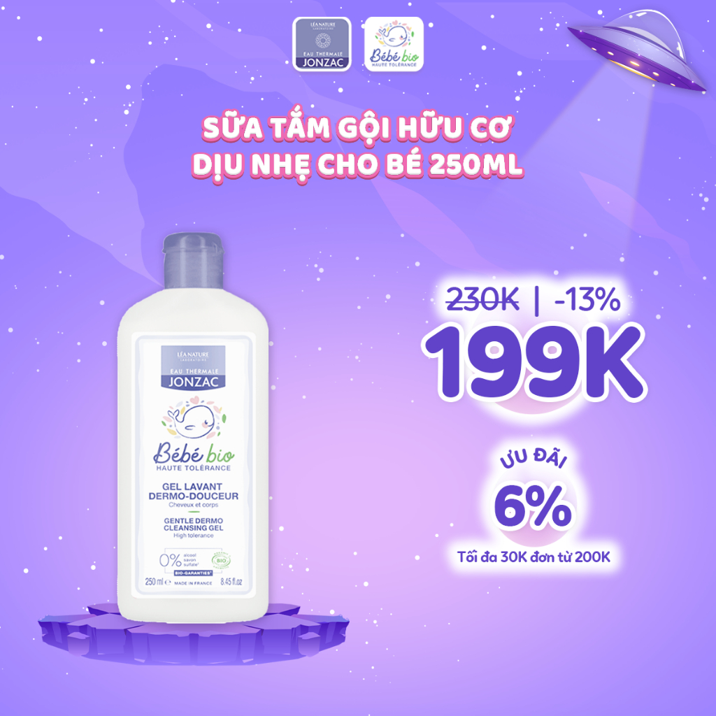 Sữa Tắm Gội Hữu Cơ Dịu Nhẹ Cho Bé Eau Thermale Jonzac Bébé Bio Gentle Dermo Cleansing Gel 250ml