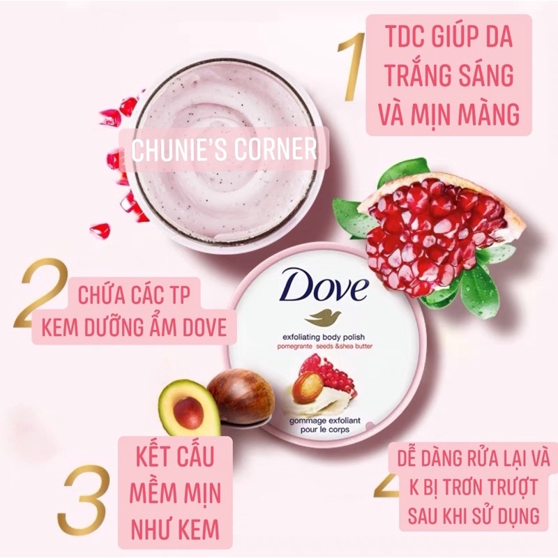 Tẩy Da Chết DOVE Body Giúp Da Mịn Màng Tẩy Tế Bào Chết DOVE Chính Hãng Bản Lựu Đức