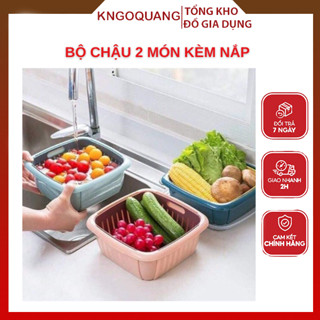 Bộ Rổ Nhựa 2 Món Kèm Chậu Có Nắp Đậy Dùng Làm Hộp Đựng Hoa Quả Đồ Ăn Thức Ăn Thực Phẩm Để Tủ Lạnh