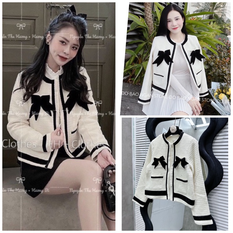 Áo khoác dạ tweed nữ nơ ngực viền bánh bèo