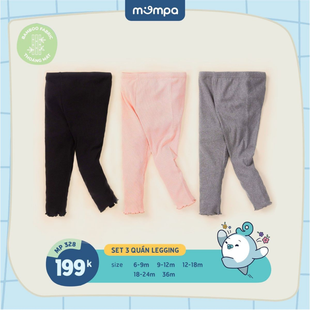 Quần legging bé gái Mompa Set 3 cái từ 6 tháng - 3 tuổi vải Sợi tre Bamboo mềm mại thoáng khí 328