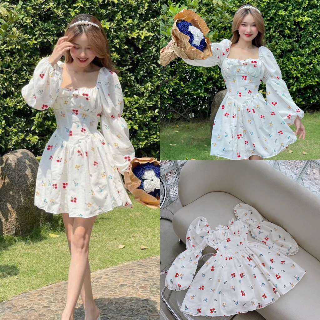 Đầm váy nữ xốp nhúng hoa xòe tay dài phồng xếp ly ngực xinh xắn, dễ thương dành cho các tình yêu đi dự tiệc, đi biển