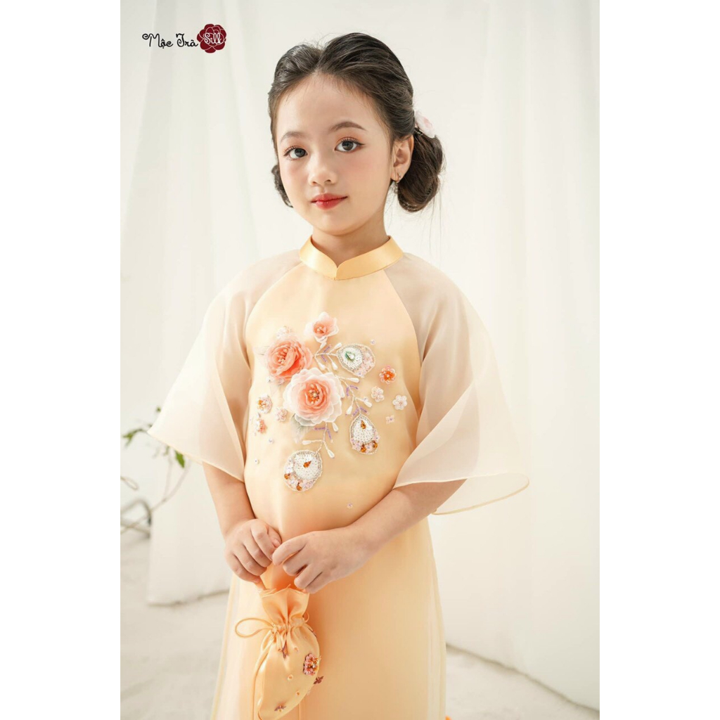 Set áo dài mẹ và bé Mộc Trà kết chim công - vải tơ organza- họa tiết đính kết cao cấp - Áo Dài An Nhiên - AN65