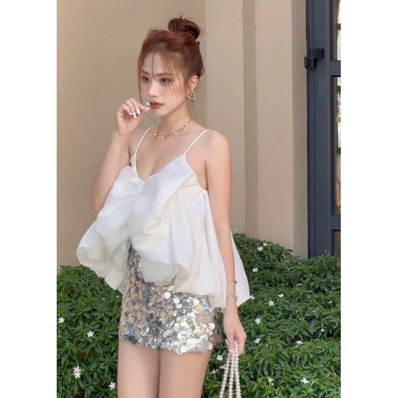 Áo kiểu nữ, áo nữ hai dây dính nơ to xinh xắn chất phi lụa from rộng có 3 màu : đen, hồng , trắng cho nàng lựa chọn
