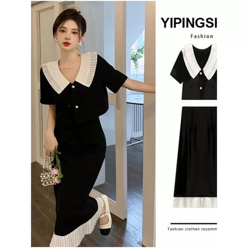 Set áo CROPTOP đen Cổ viền trắng dập ly kết hợp với chân váy Midi Set đồ sang chảnh