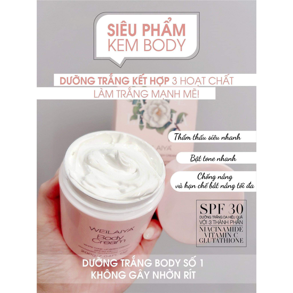 Kem Body Kích Trắng Nâng Tone Bảo Vệ Da Weilaiya Body Cream, 200g TẶNG 2 mini tắm