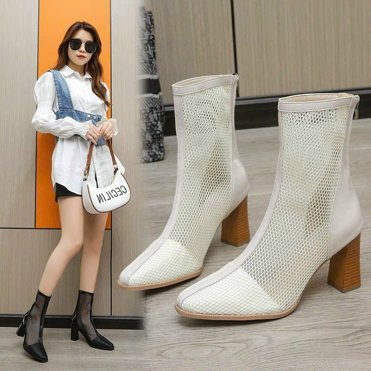 (S175) Bốt lưới nữ gót vân gỗ cao 7 phân, hàng Quảng Châu (Mã Bốt Lưới Full A06)