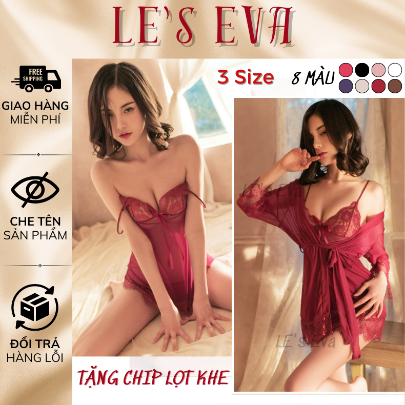 Set váy ngủ 2 dây nhiều màu kèm áo choàng sexy ren xuyên thấu hở lưng quyến rũ gợi cảm 3010 Có bigsize  - LESEVA