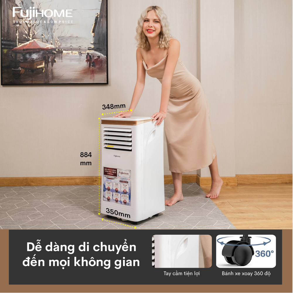 Máy lạnh di động Fujihome 7000-12000BTU công dụng làm mát,hút ẩm diện tích lớn nhập khẩu chính hãng, bảo hành 24 tháng