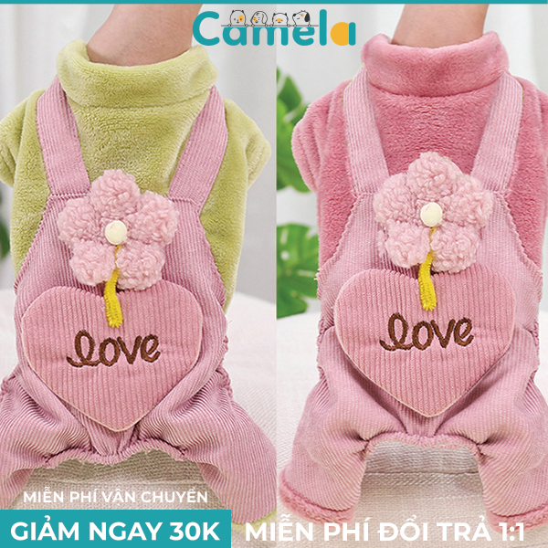 Yếm Thú Cưng - Áo yếm 4 chân dành cho thú cưng, áo liền quần giữ ấm dành cho chó mèo, chất nhung, họa tiết trái tim 3D