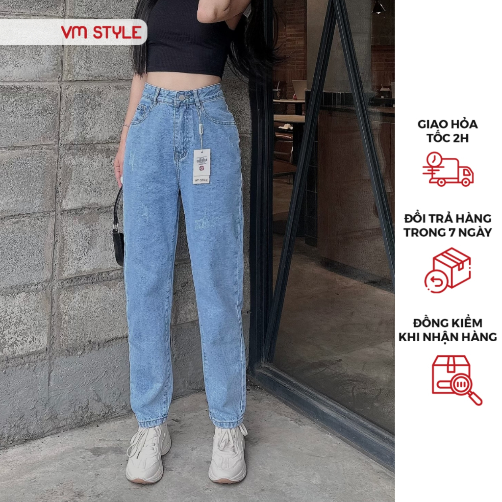 Quần jean nữ VMSTYLE baggy lưng cao tạo xước dáng suông form đẹp - QJB00009