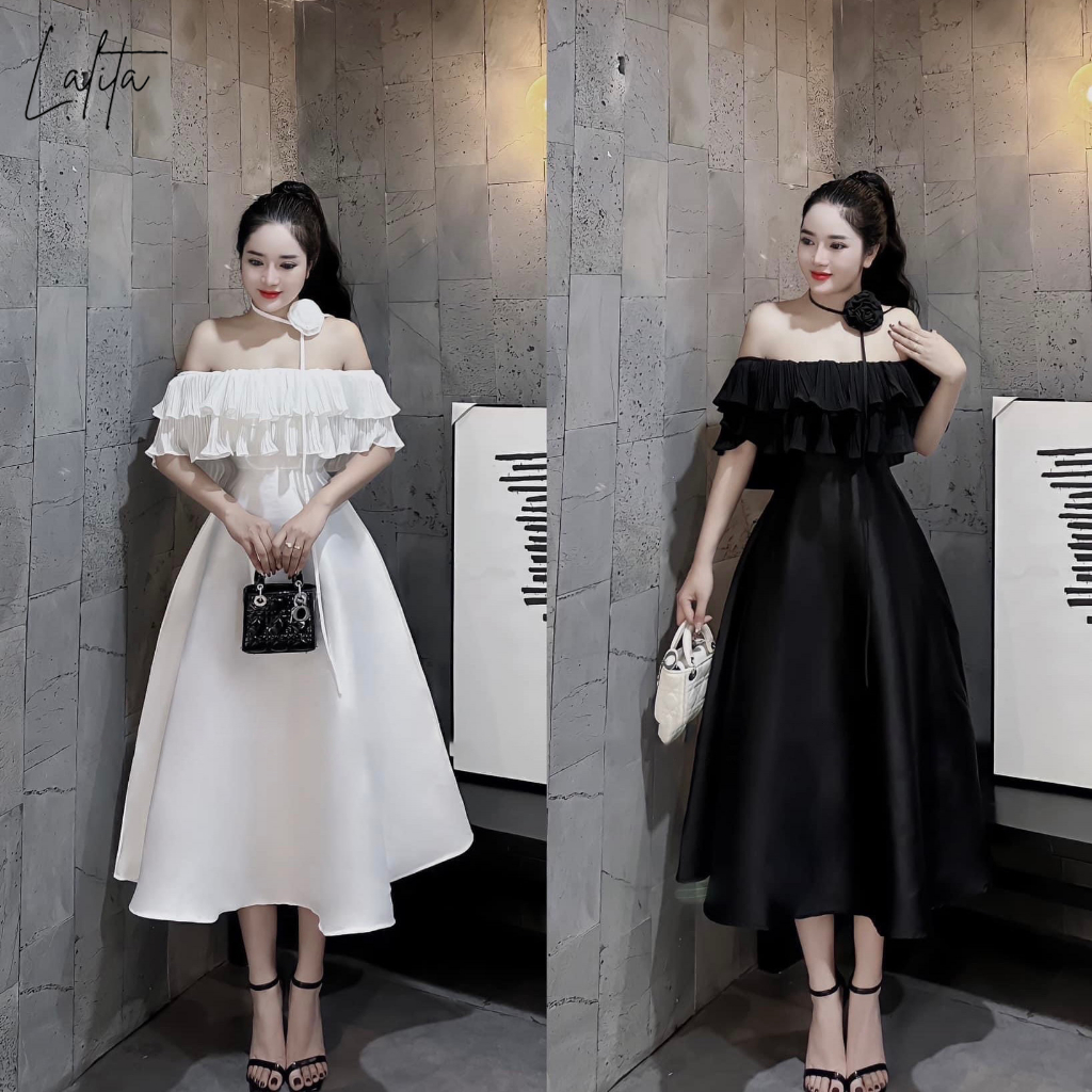 Váy trễ vai phối bèo kèm choker hoa dáng dài, ngắn hai màu đen, trắng Lalita có bigsize mã V30