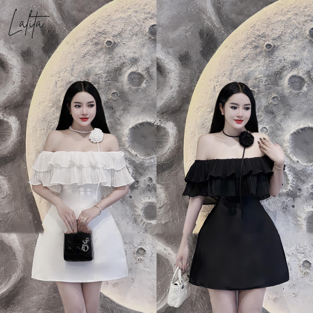 Váy trễ vai phối bèo kèm choker hoa dáng dài, ngắn hai màu đen, trắng Lalita có bigsize mã V30