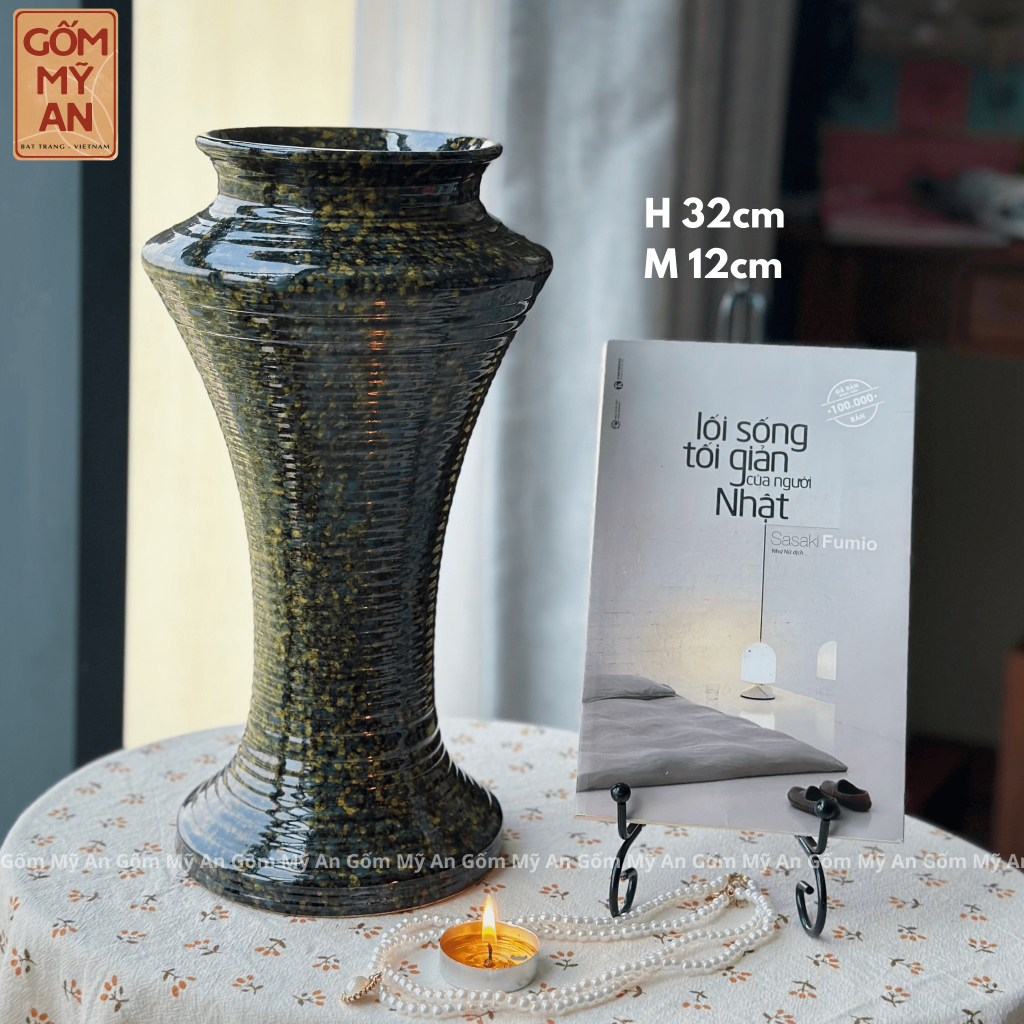 Bình gốm Lọ hoa Bát Tràng dáng chân đèn họa tiết vân dễ cắm hoa hàng thủ công trang trí trang nhã | Gốm Mỹ An Bát Tràng