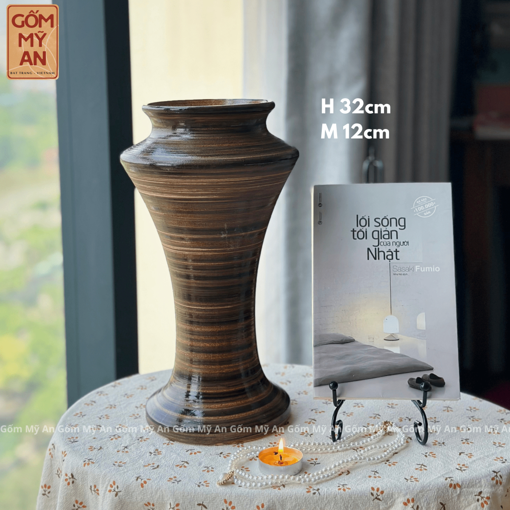 Bình gốm Lọ hoa Bát Tràng dáng chân đèn họa tiết vân dễ cắm hoa hàng thủ công trang trí trang nhã | Gốm Mỹ An Bát Tràng