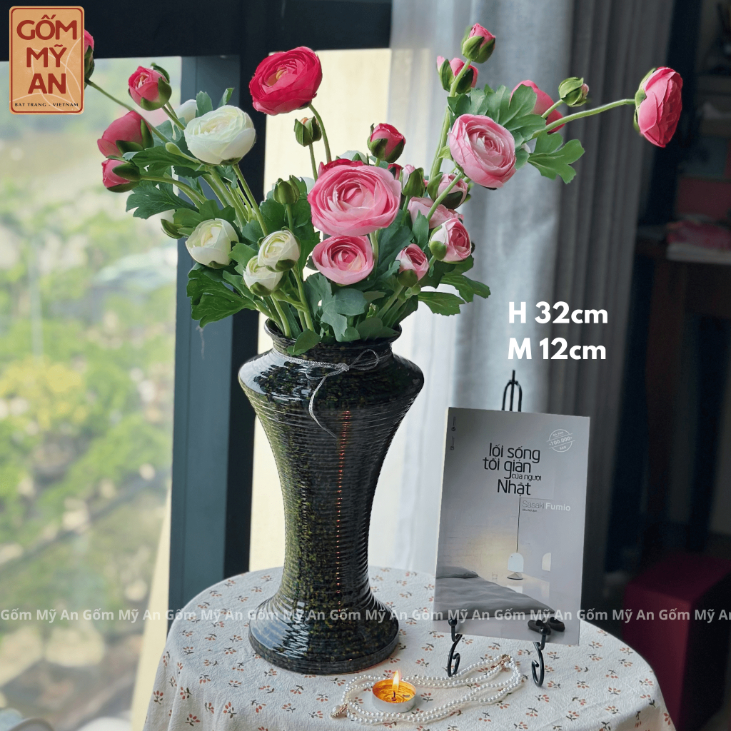 Bình gốm Lọ hoa Bát Tràng dáng chân đèn họa tiết vân dễ cắm hoa hàng thủ công trang trí trang nhã | Gốm Mỹ An Bát Tràng