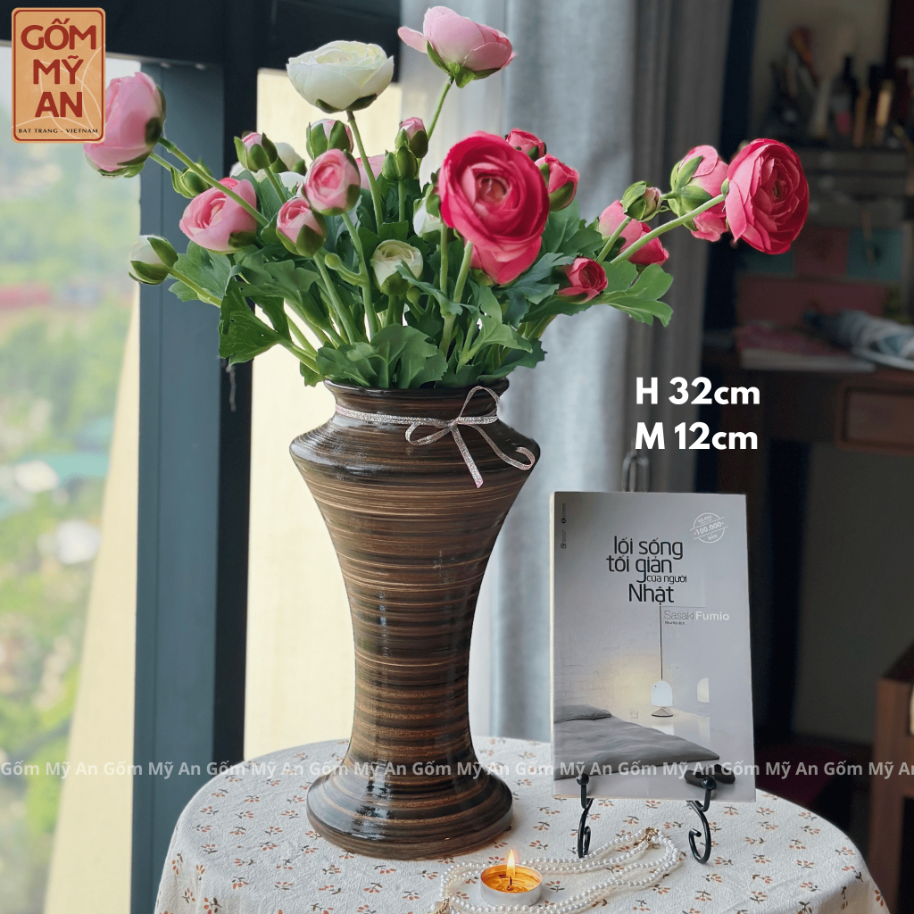 Bình gốm Lọ hoa Bát Tràng dáng chân đèn họa tiết vân dễ cắm hoa hàng thủ công trang trí trang nhã | Gốm Mỹ An Bát Tràng