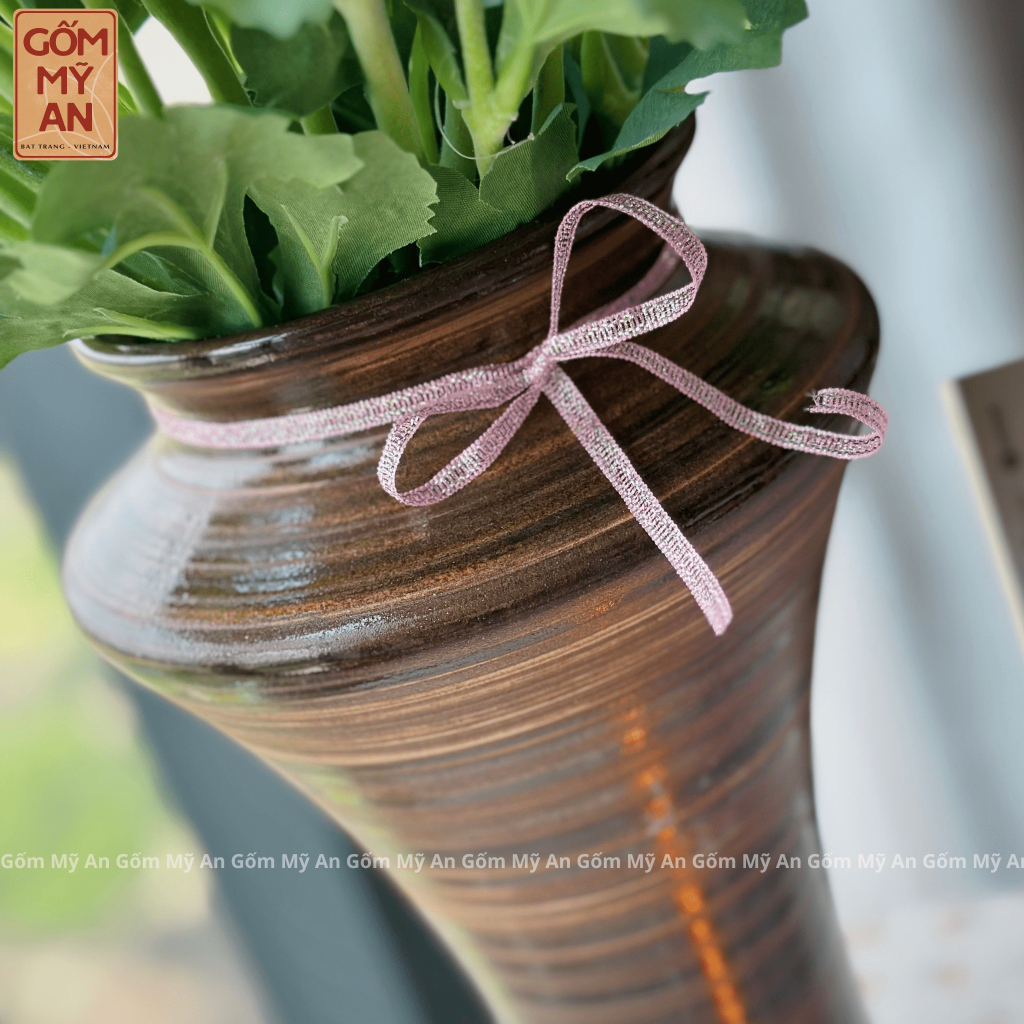 Bình gốm Lọ hoa Bát Tràng dáng chân đèn họa tiết vân dễ cắm hoa hàng thủ công trang trí trang nhã | Gốm Mỹ An Bát Tràng