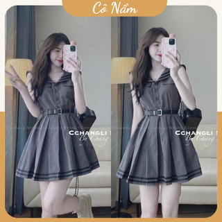 Váy đầm nữ váy nữ cổ thủy thu viền đen tay hến dáng xòe xếp ly kèm đai da