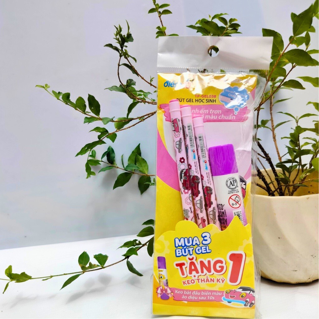 Vỉ 3 cây bút gel Thiên Long TP-Gel038 mực tím tặng kèm 1 lọ hồ khô biến đổi màu Thiên Long