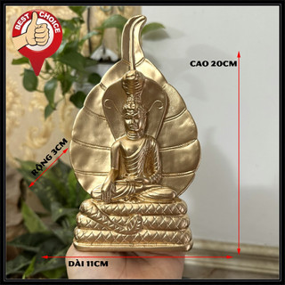 Tượng đá trang trí phòng thờ tượng Đức Phật Thích Ca ngồi trong tòa rắn Naga - Màu nhũ đồng - Cao 20cm