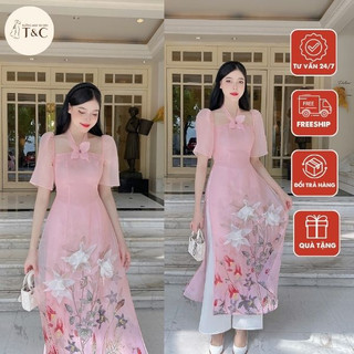 Áo dài cách tân hồng cổ yếm đính kết hoa nổi chất liệu organza cao cấp - Xưởng Áo Dài Cách Tân - AD73
