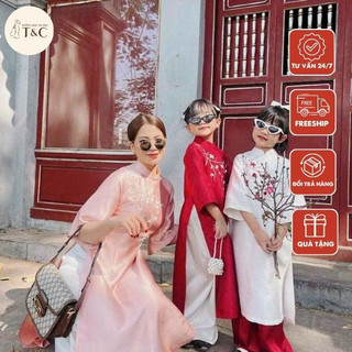 Áo dài cách tân Mẹ và Bé Gái chất liệu Tafta họa tiết thêu nổi cao cấp- Xưởng Áo Dài Cách Tân - ADMB4