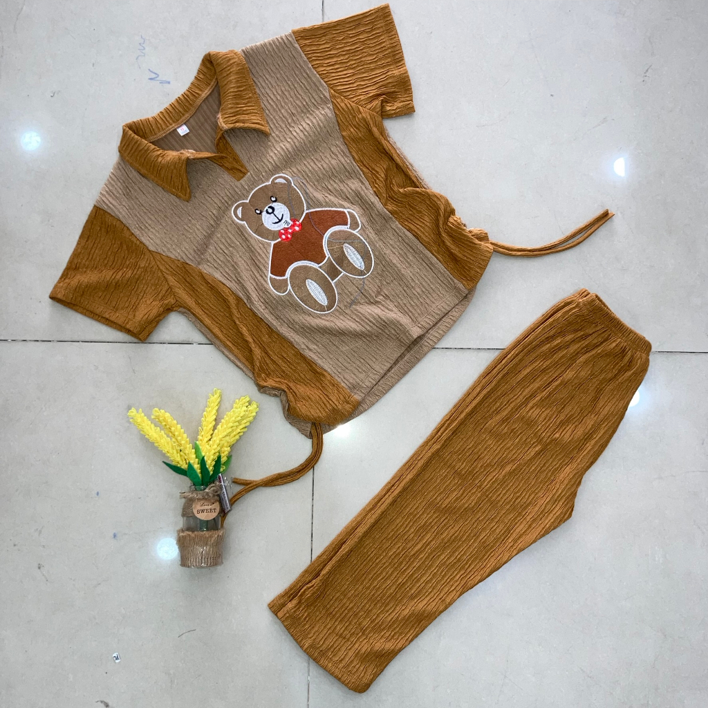 Set áo dây rút thêu gấu/thêu chữ + quần lửng vải xốp siêu đáng yêu cho bé gái đi chơi, đi học