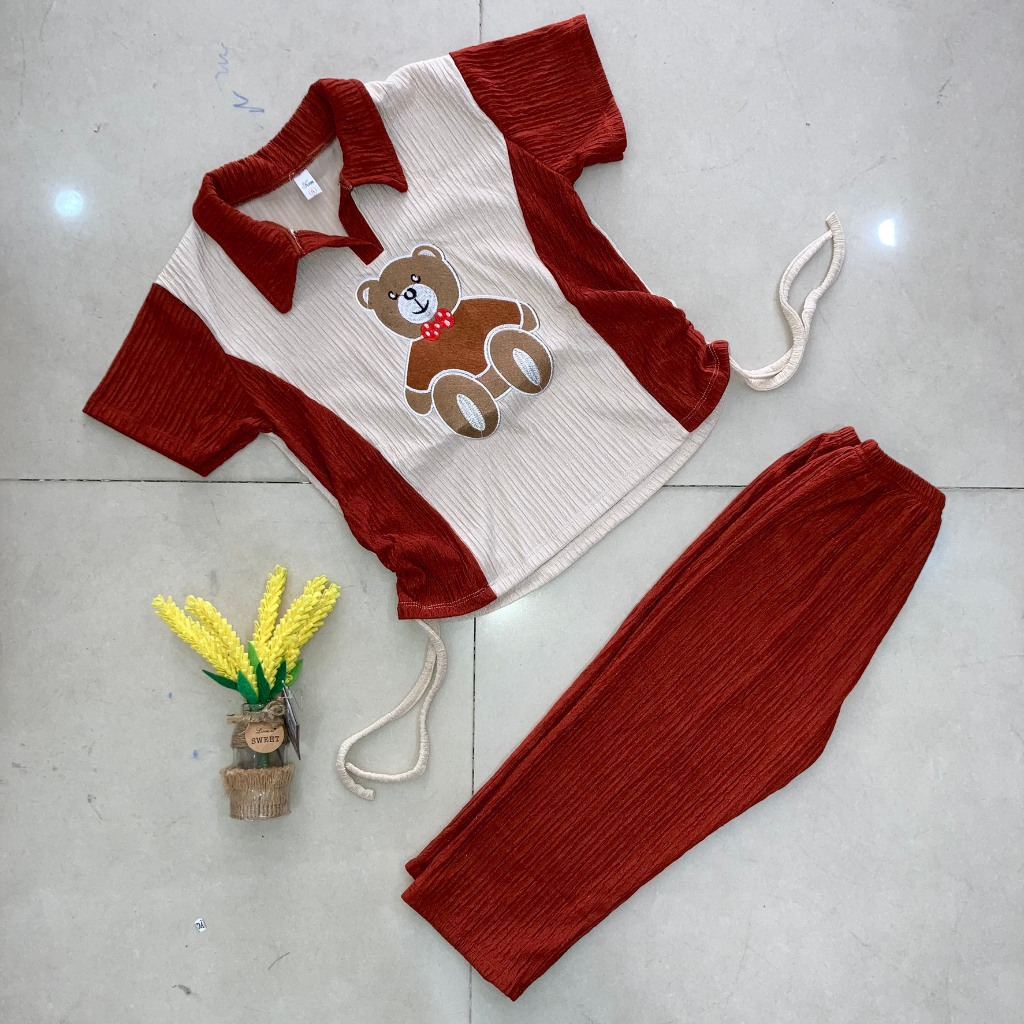 Set áo dây rút thêu gấu/thêu chữ + quần lửng vải xốp siêu đáng yêu cho bé gái đi chơi, đi học