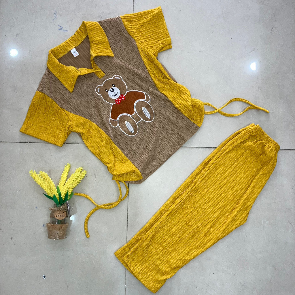 Set áo dây rút thêu gấu/thêu chữ + quần lửng vải xốp siêu đáng yêu cho bé gái đi chơi, đi học